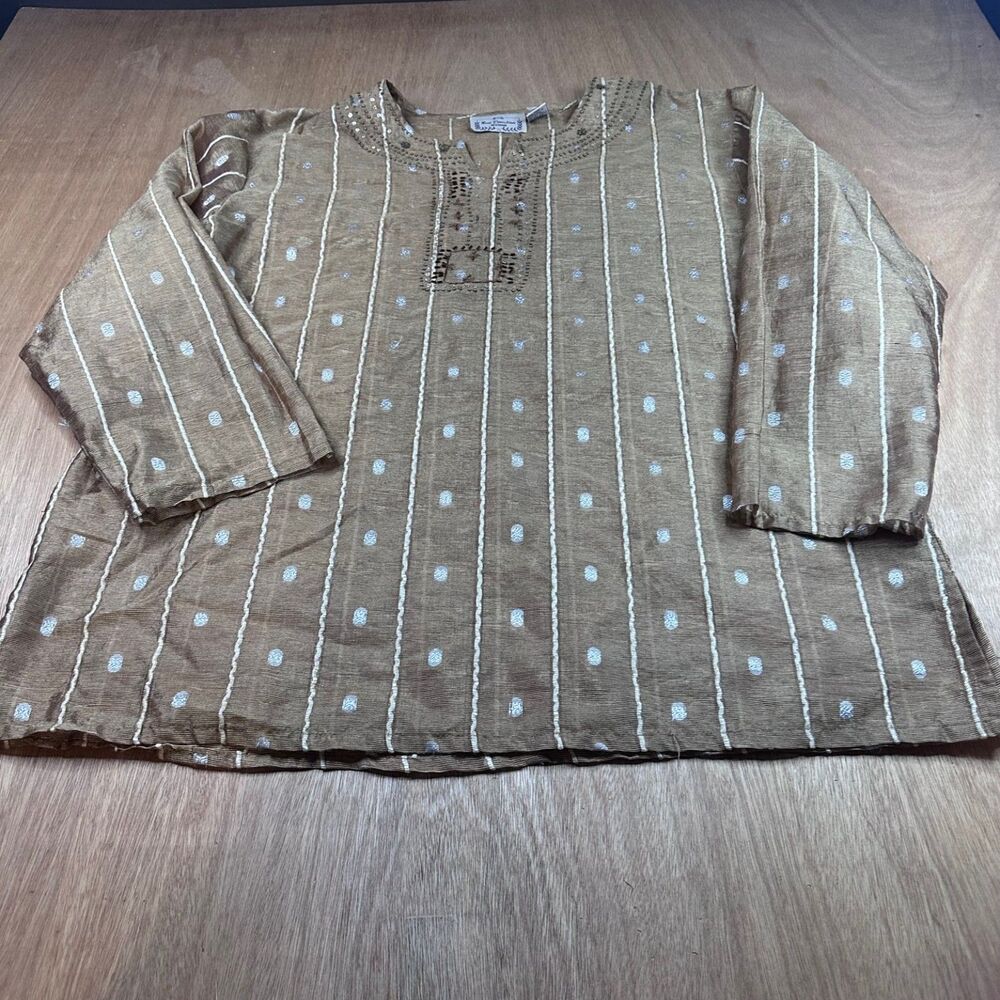 New Directions Woman 2X Sheer Boho Tunic Beaded Brown Stripe